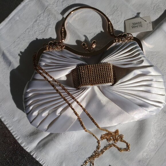 Handbags - Graceful Wht Tufted Satin + Gold Crystals Vintage Style Evening Pocket Handbag